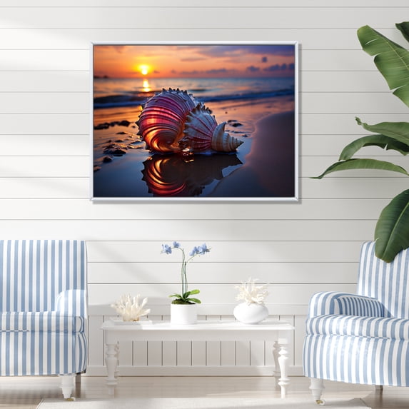 Designart "Sunset Shoreline Treasures Revealed V" Coastal Framed Wall Art - Coastal Yellow Coastal Beach Entryway Framed Wall Art Print