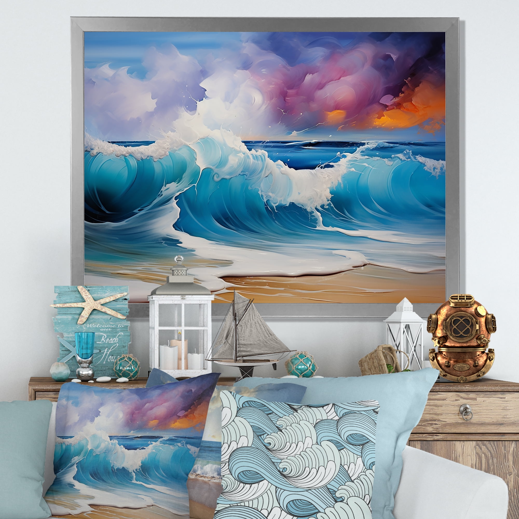 Designart "Sunset Shoreline Waves I" Coastal Framed Wall Art Decor
