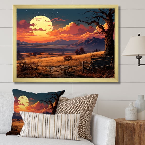 Designart "Sunset Silhouette Pathway Perspectives I" Landscapes Framed Wall Art Decor - Country Red Landscape Modern Living Room Framed Canvas Art