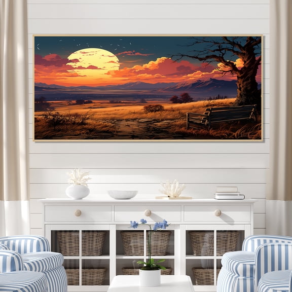 Designart "Sunset Silhouette Pathway Perspectives I" Oversized Landscapes Framed Wall Art - Country Red Landscape Modern Living Room Framed Canvas Art