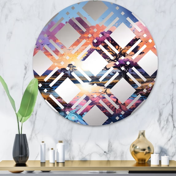 Designart "Sunset Sky in Charming Dessert Tones I" Sky Plaid Round Wall Mirror - Landscapes Oval Printed Decorative Mirror - Multiple Color Options
