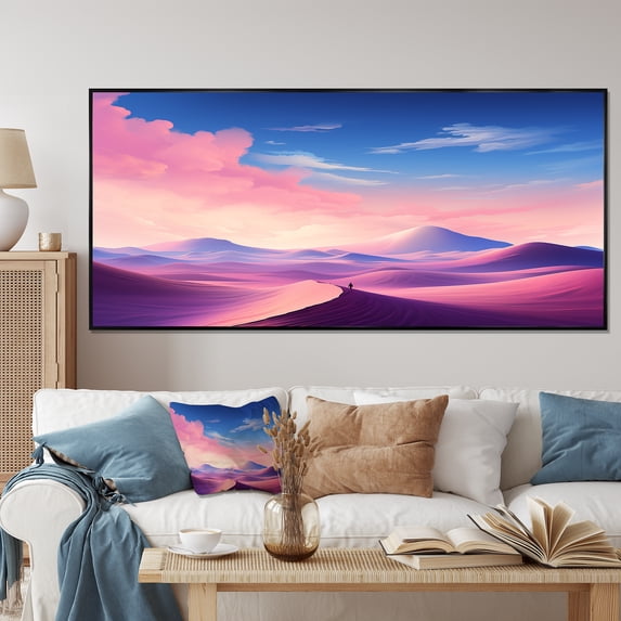 Designart "Sunset Stroll Pink and Blue Dunes Adventure I" Oversized Landscapes Framed Wall Art - Global Pink Desert Entryway Framed Wall Art Print