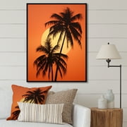 Designart "Sunset Under The Tangerine Twilight Palm Tree" Palms & Palm Trees Floater Framed Wall Art Living Room
