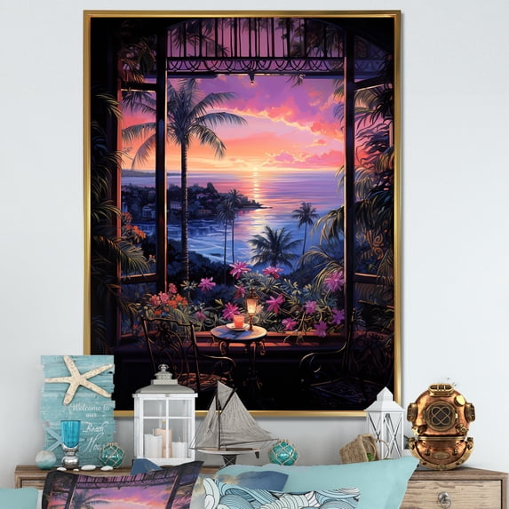 Designart "Sunset View from Coastal Windows I" Coastal Framed Wall Art - Coastal Colorful Coastal Windows Living Room Framed Canvas Art