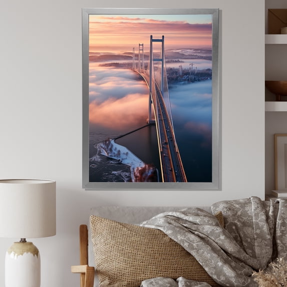 Designart "Sunset Views from Bridge in Blue and Pink I" Architecture Framed Wall Art - Traditional Blue Bridges Hallway Framed Wall Art Decor