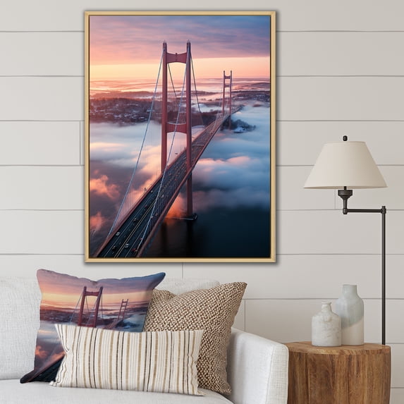 Designart "Sunset Views from Bridge in Blue and Pink II" Architecture Framed Wall Art - Traditional Blue Bridges Living Room Framed Canvas Art