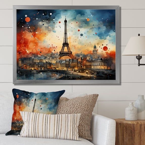 Designart "Sunset Views of the Eiffel Tower, Paris" Cityscapes Framed Wall Art Decor - Industrial Orange Paris Hallway Framed Wall Art Decor