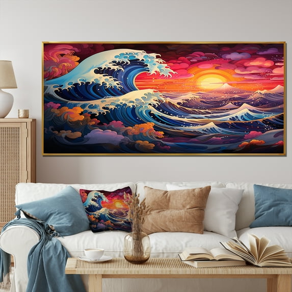 Designart "Sunset Waves of Kanagawa in Japanese Style VII" Oversized People Framed Wall Art - Global Blue Japan Art Living Room Framed Canvas Art