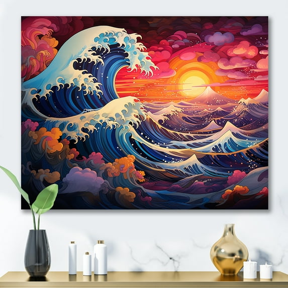 Designart "Sunset Waves of Kanagawa in Japanese Style VII" Oversized People Wall Art - Global Blue Japan Art Hallway Wall Art Decor