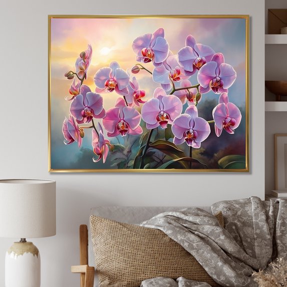 Designart "Sunset With Pink Orchids I" Orchids Floater Framed Canvas Art Print