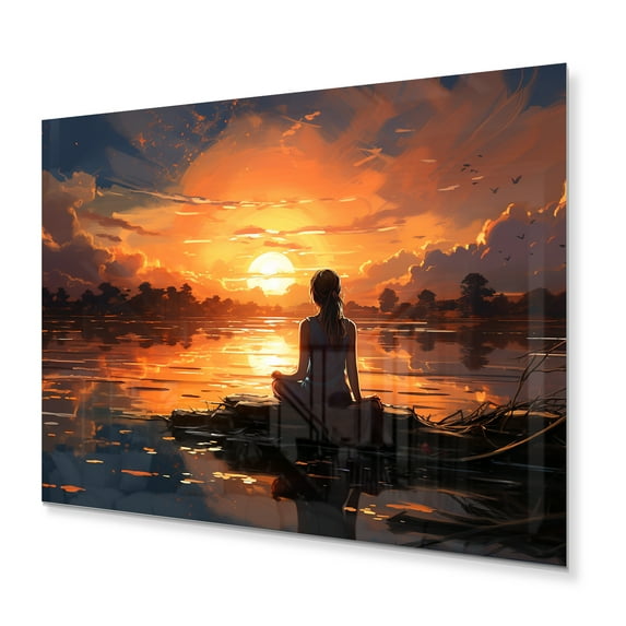 Designart "Sunset Yoga in Orange and Black I" Yoga Metal Wall Decor
