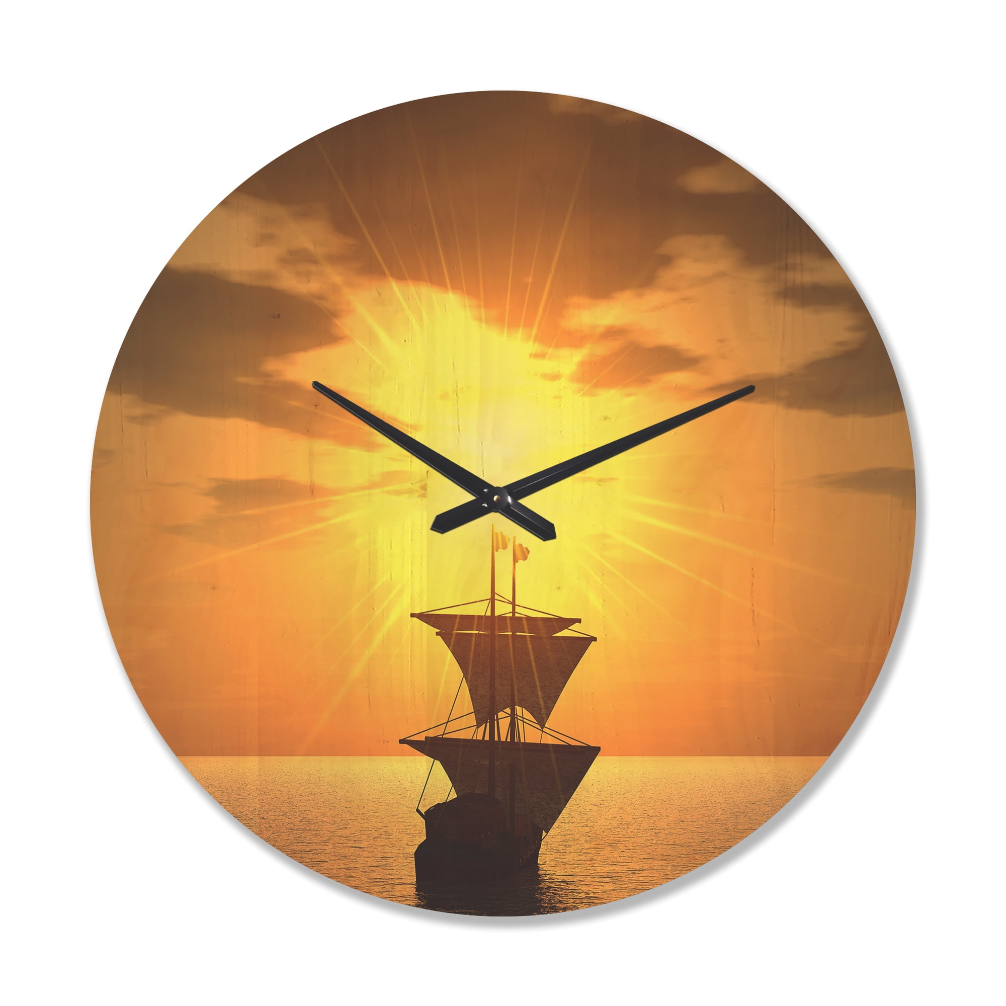 Designart 'Sunset and Ship' Modern Wood Wall Clock