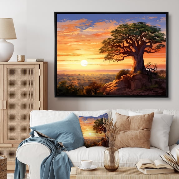 Designart "Sunset at Baobab Oasis" Tree Baobab Floater Framed Wall Art Print