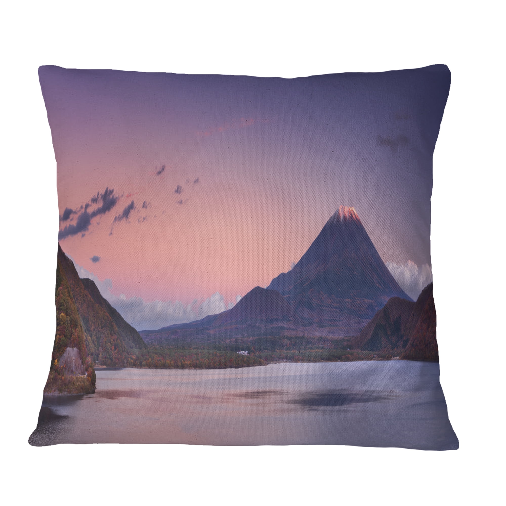 Designart Sunset at Mount Fuji and Lake Motosu - Modern Landscape Printed Throw Pillow - 18x18