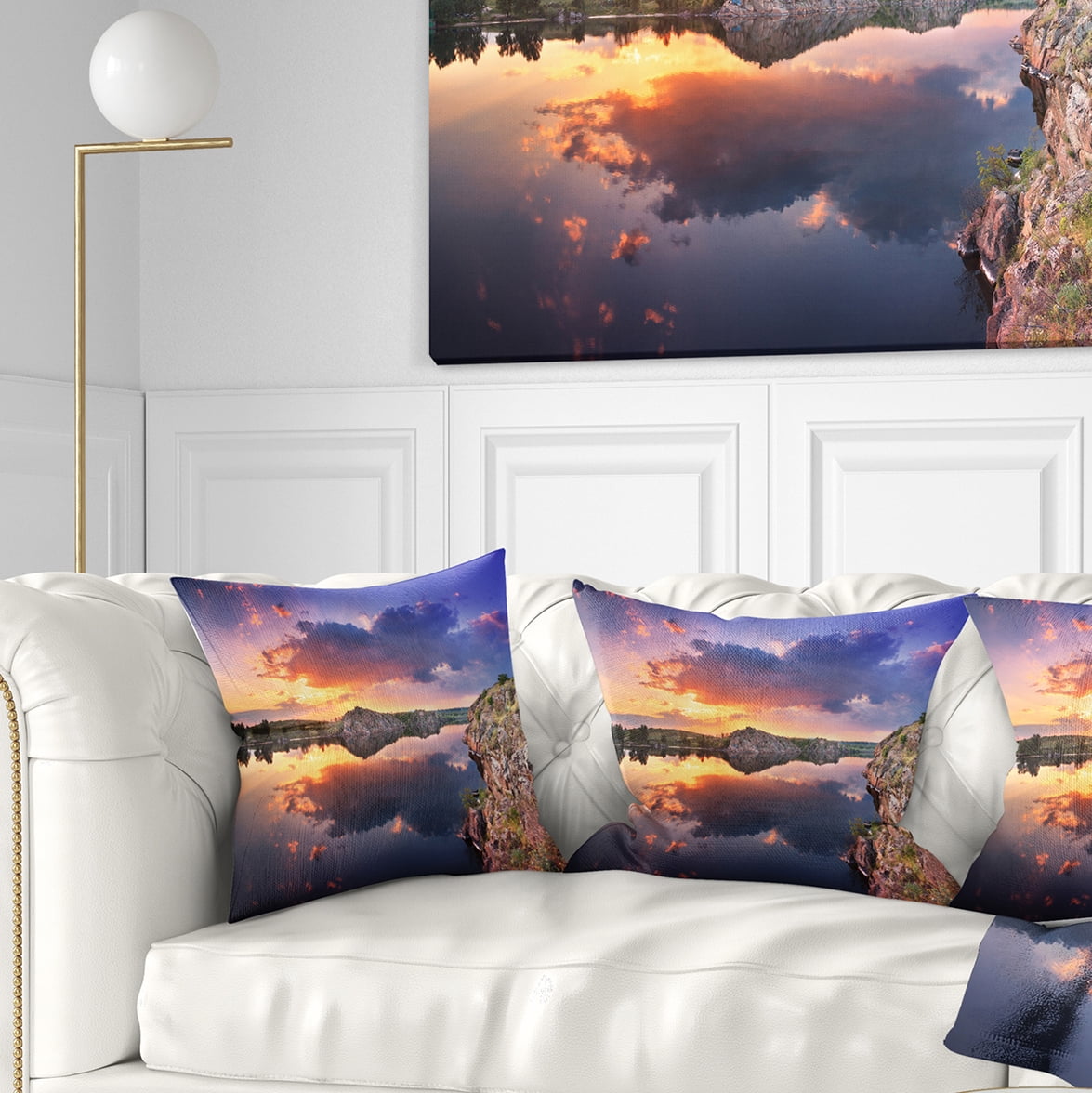 Designart Sunset at River with Large Clouds - Landscape Photography Throw Pillow - 18x18