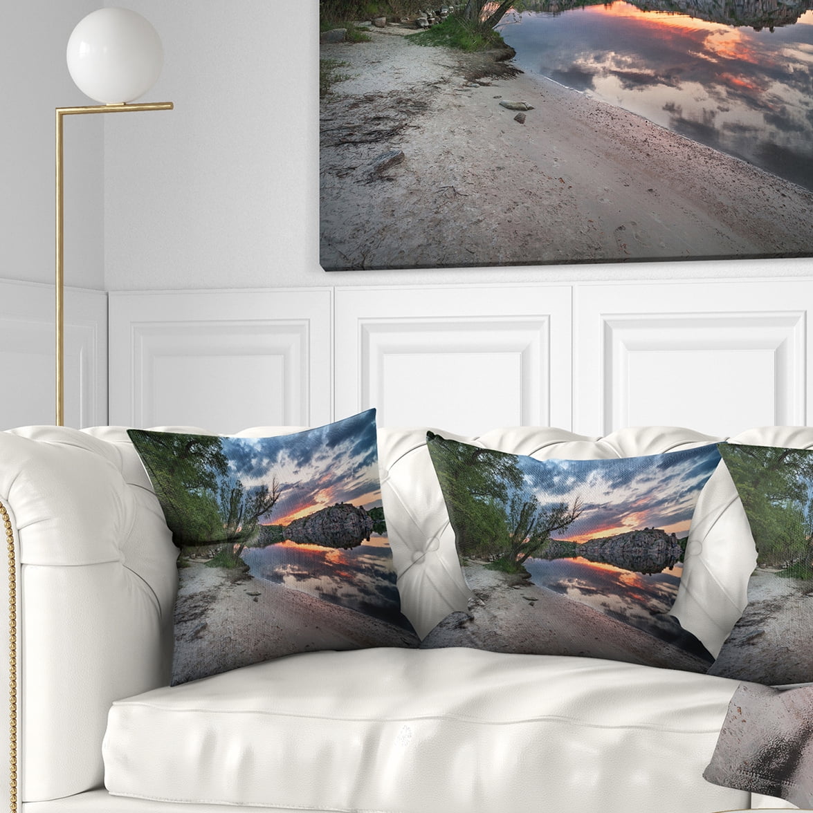 Designart Sunset at River with Large Rock - Landscape Photo Throw Pillow - 18x18
