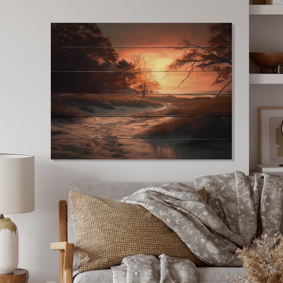 Designart "Sunset by the Beach I" Coastal Print on Natural Pine Wood