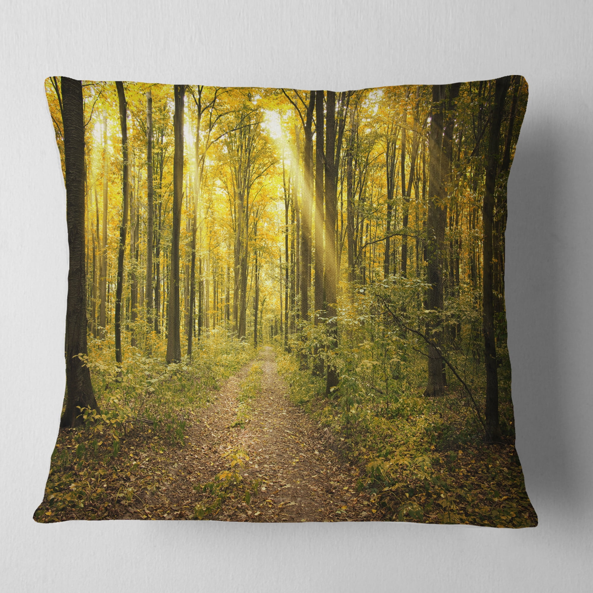 Designart Sunset in Green Autumn Forest - Modern Forest Throw Pillow - 18x18