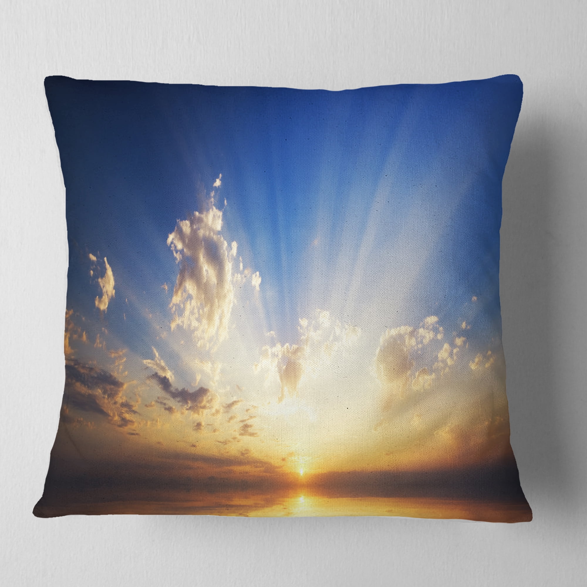Designart Sunset in the Ocean Blue Sky Panorama - Seashore Throw Pillow - 16x16