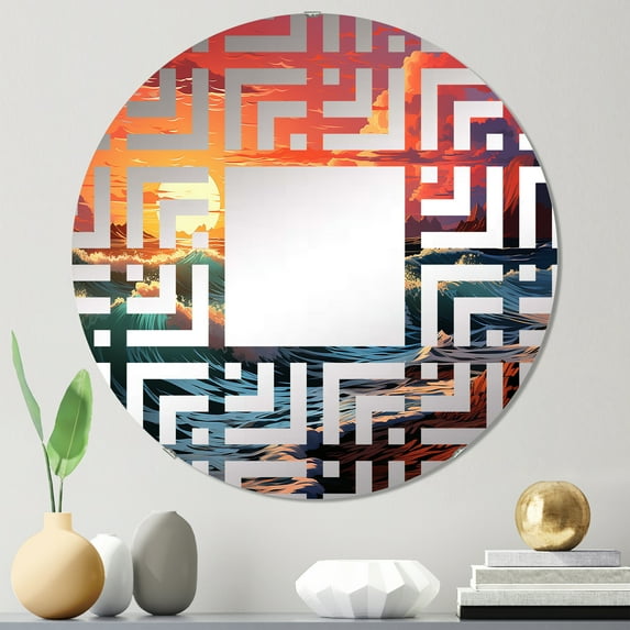 Designart "Sunset on the Rainbow Beach" Ocean Maze Round Wall Mirror - Coastal Oval Printed Decorative Mirror - Multiple Color Options
