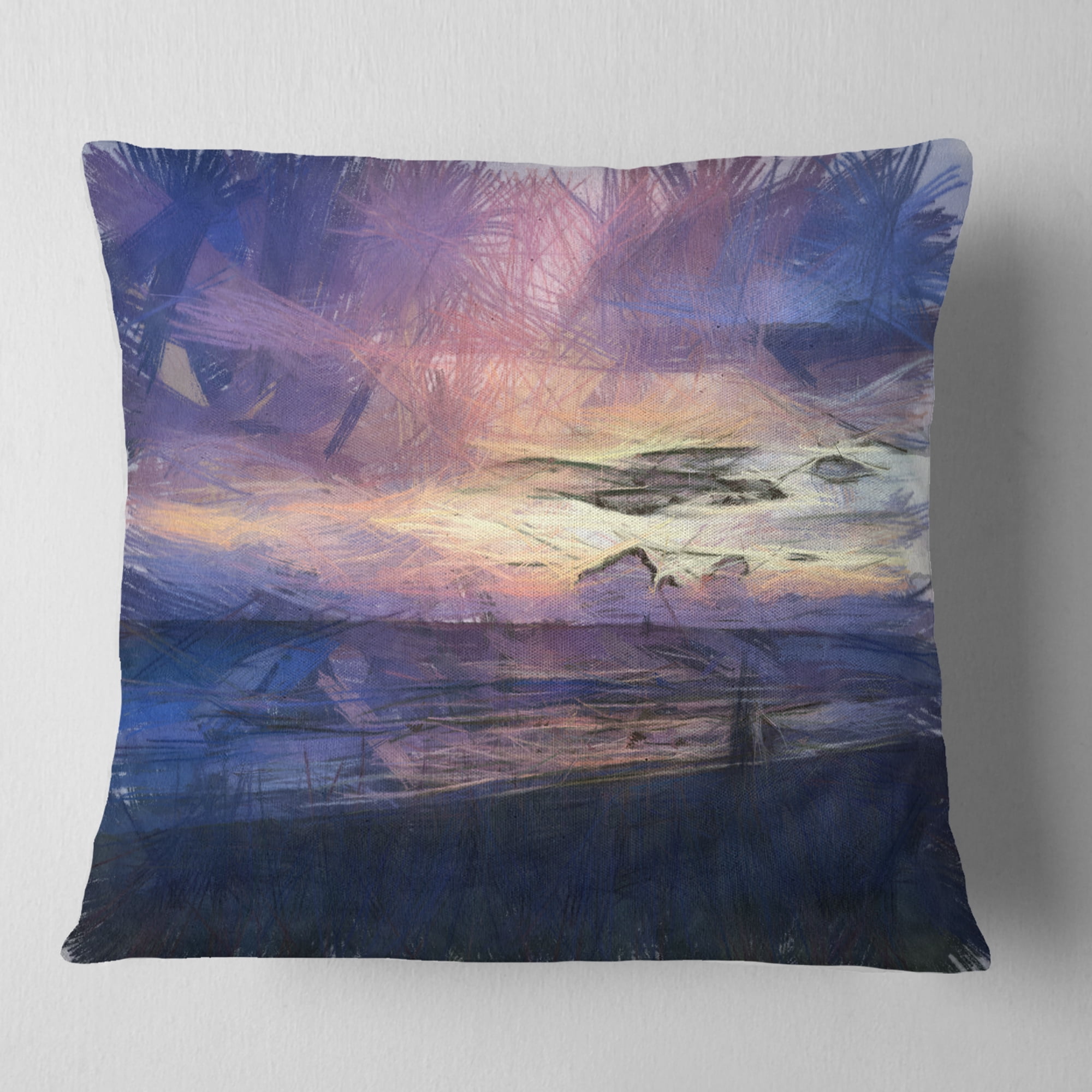 Designart Sunset over Blue Sea Watercolor - Landscape Printed Throw Pillow - 16x16