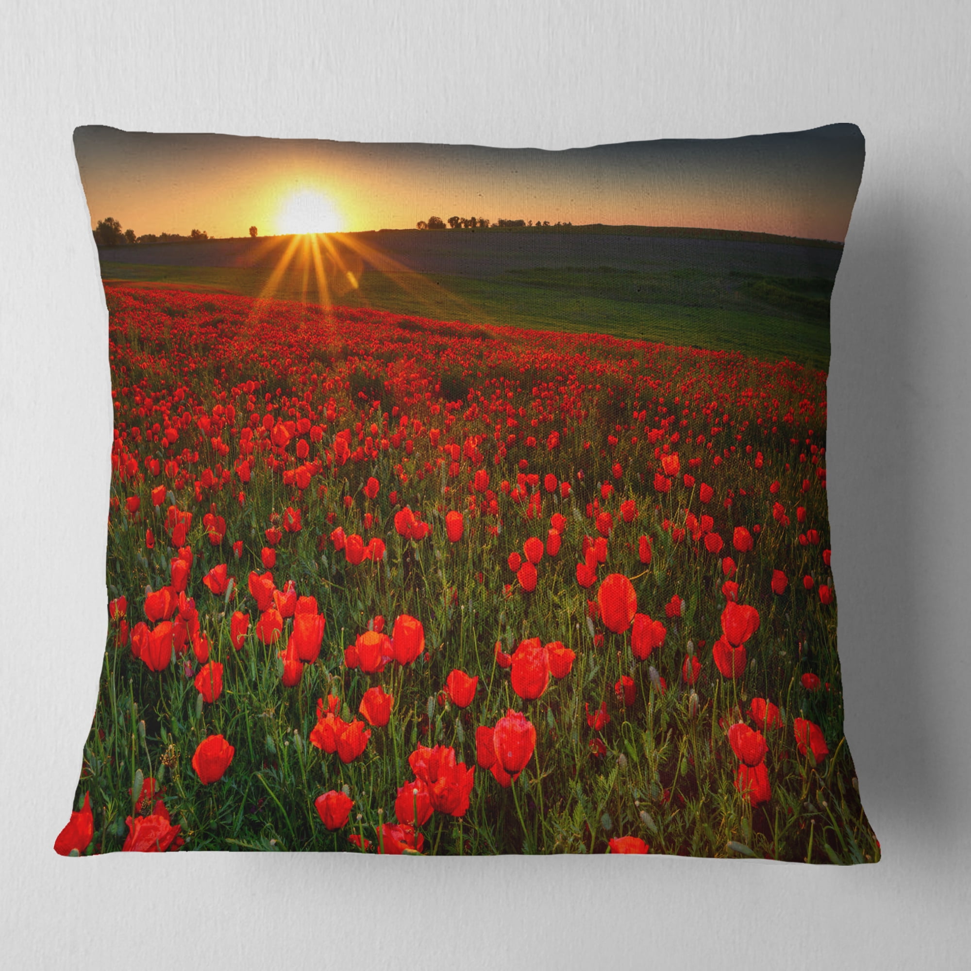 Designart Sunset over Garden with Red Poppies - Floral Throw Pillow - 16x16