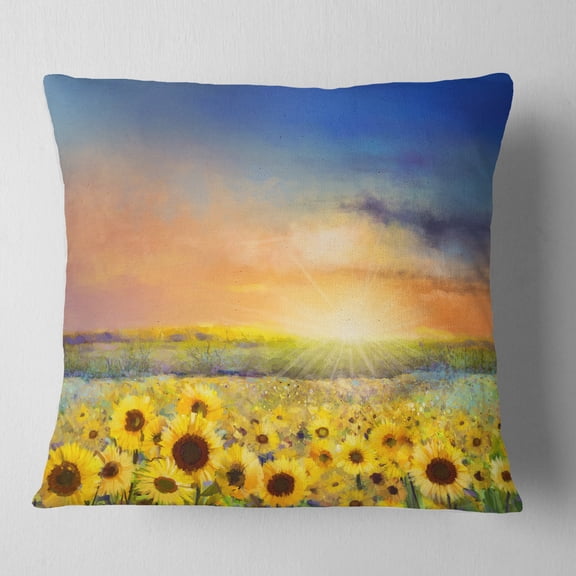 Designart Sunset over Golden Sunflower Field - Floral Throw Pillow - 18x18
