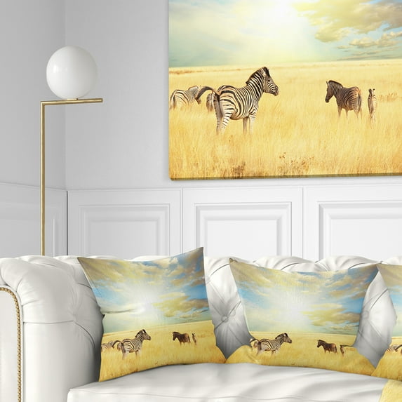 Designart Sunset over Grassland with Zebras - African Landscape Printed Throw Pillow - 18x18