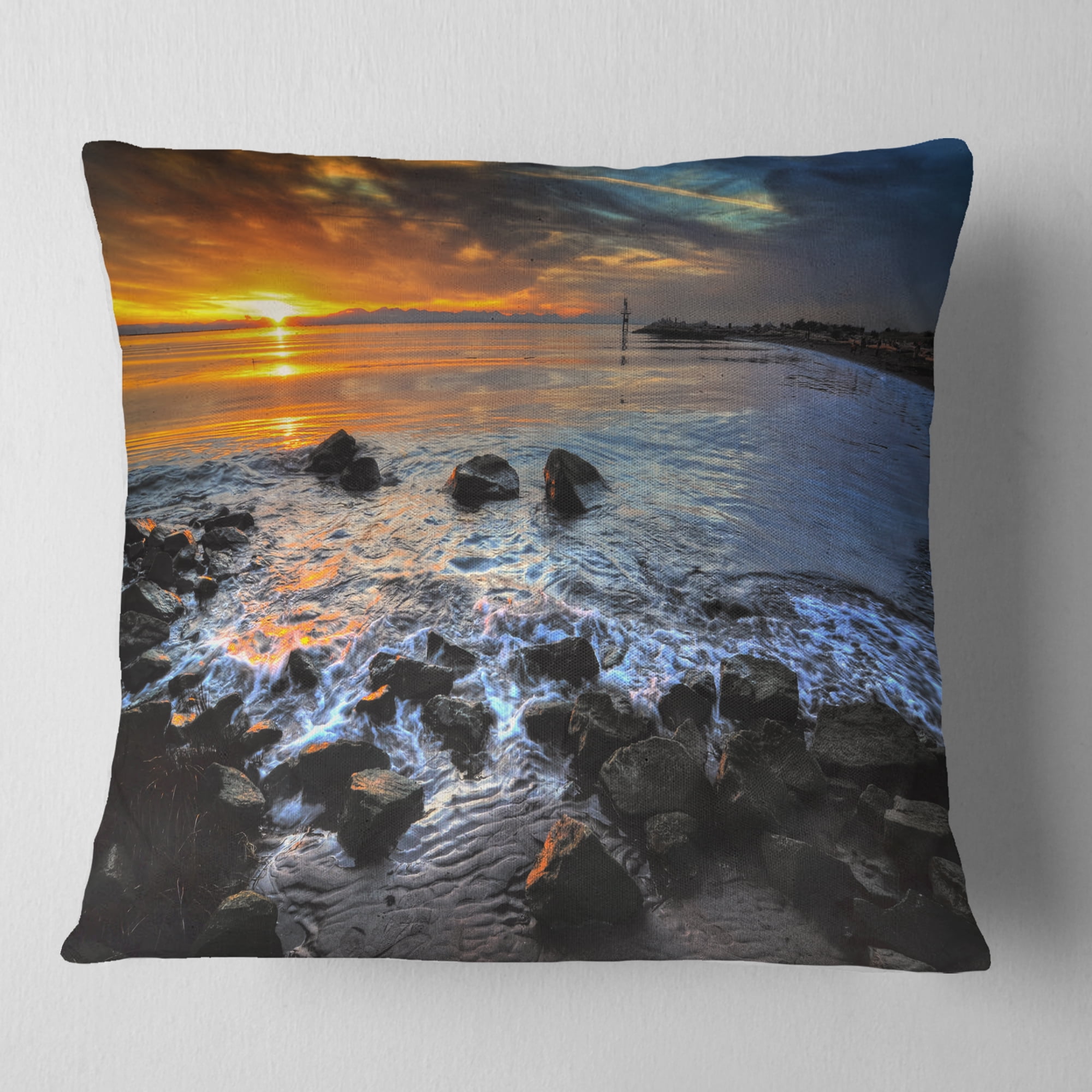 Designart Sunset over Rocky Ocean Shore - Landscape Printed Throw Pillow - 18x18