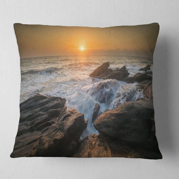 Designart Sunset over Rocky Seashore - Beach Photo Throw Pillow - 16x16