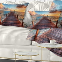 Designart Sunset over Wooden Sea Pier - Modern Throw Pillow - 12x20
