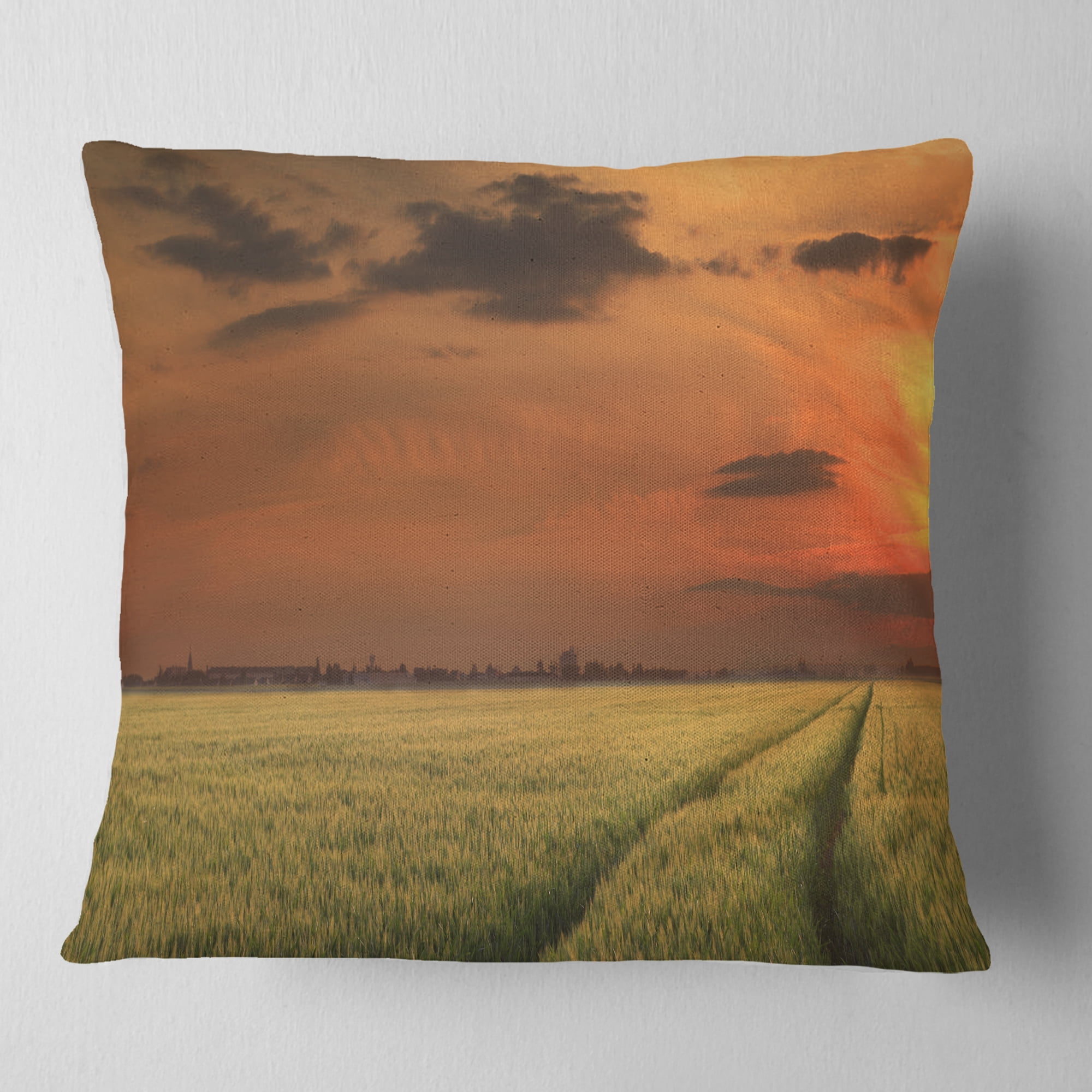 Designart Sunset over a Field of Cereals - Landscape Printed Throw Pillow - 18x18