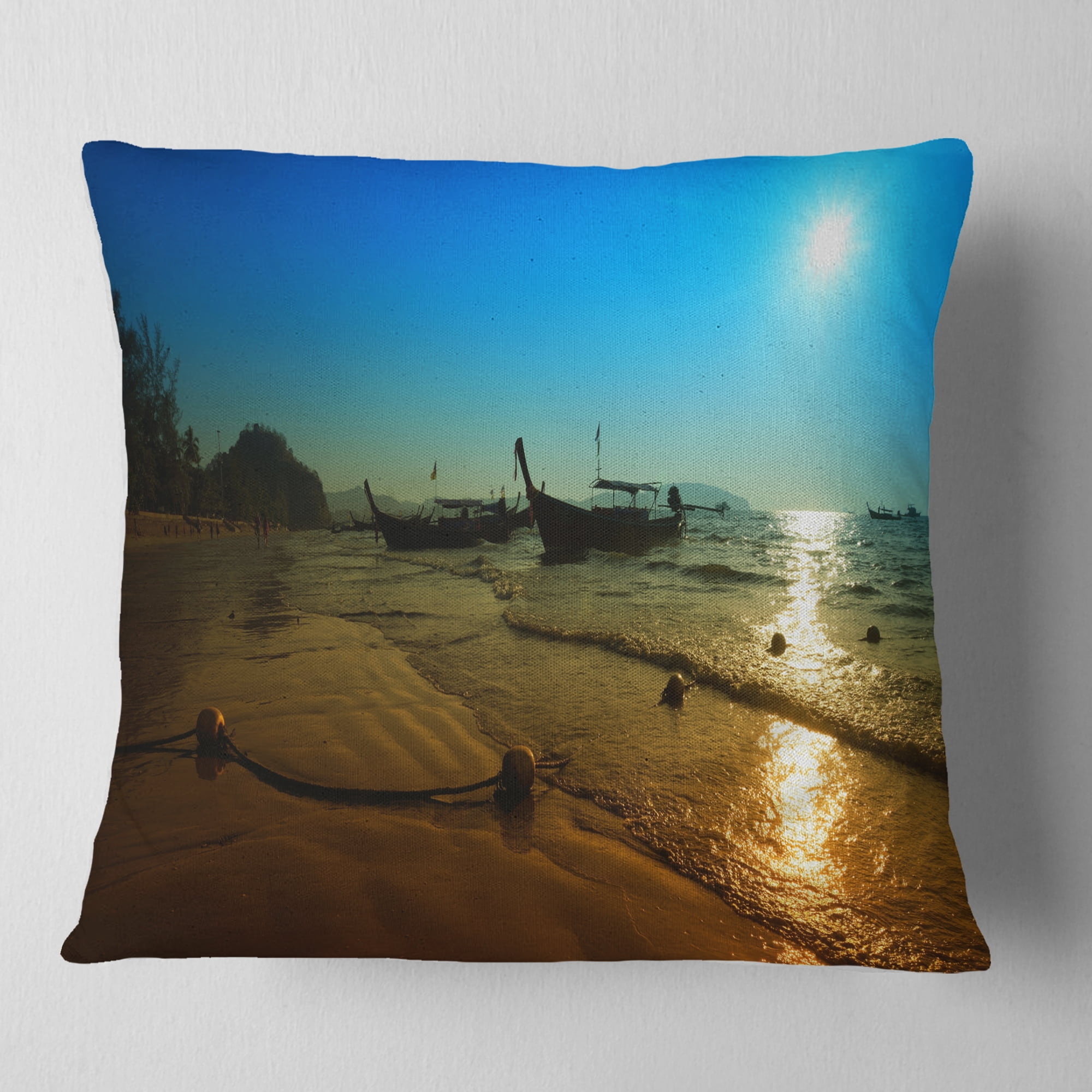 Designart Sunset with Boats in Andaman Sea - Modern Seascape Throw Pillow - 16x16