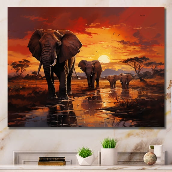 Designart "Sunset with Elephants African Wildlife II" Animals Canvas Print