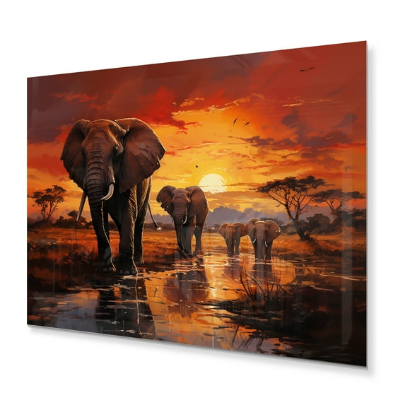 Designart "Sunset with Elephants African Wildlife II" Animals Metal Wall Art Prints