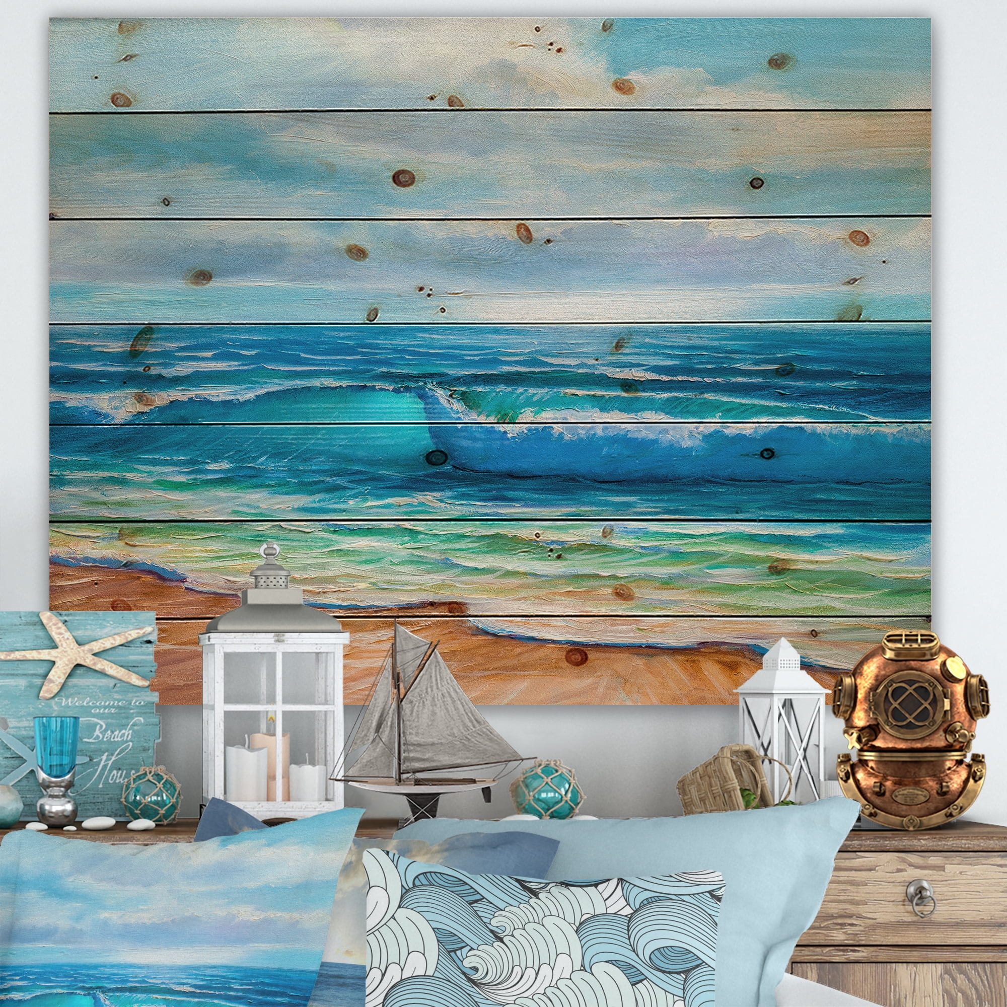 Designart 'Sunshine Reflecting Throug Braking Sea Waves III' Coastal Print on Natural Pine Wood