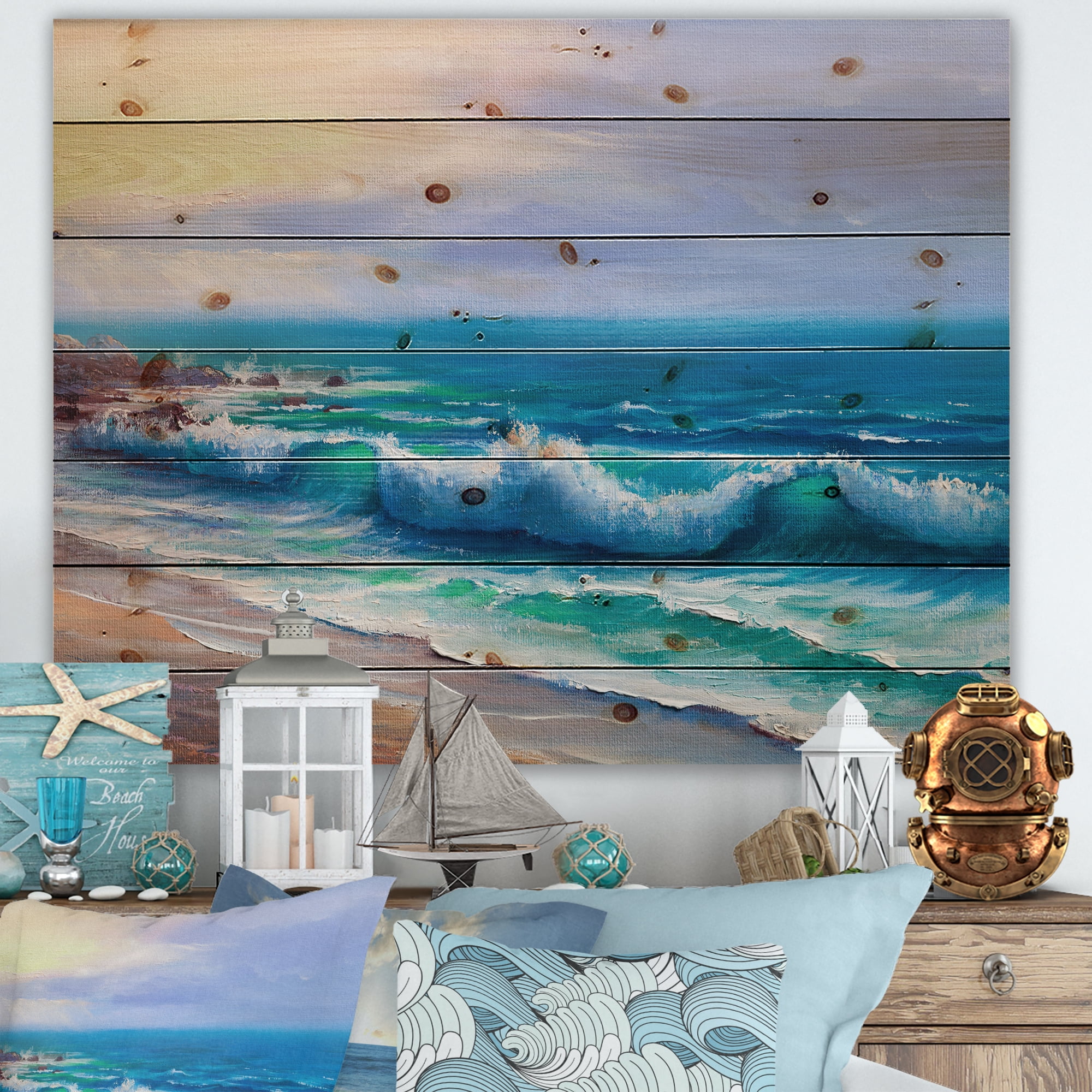 Designart 'Sunshine Reflecting Throug Braking Sea Waves VI' Coastal Print on Natural Pine Wood