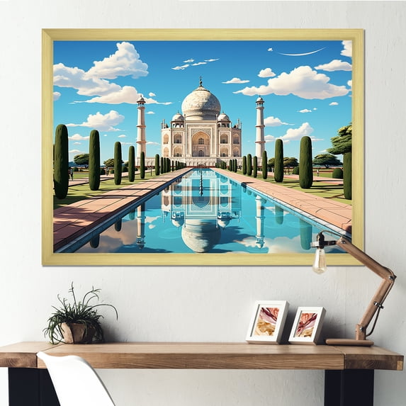 Designart "Sunshine over Taj Mahal Indian Art" People Framed Wall Art Decor - Global Blue Indian Art Hallway Framed Wall Art Decor