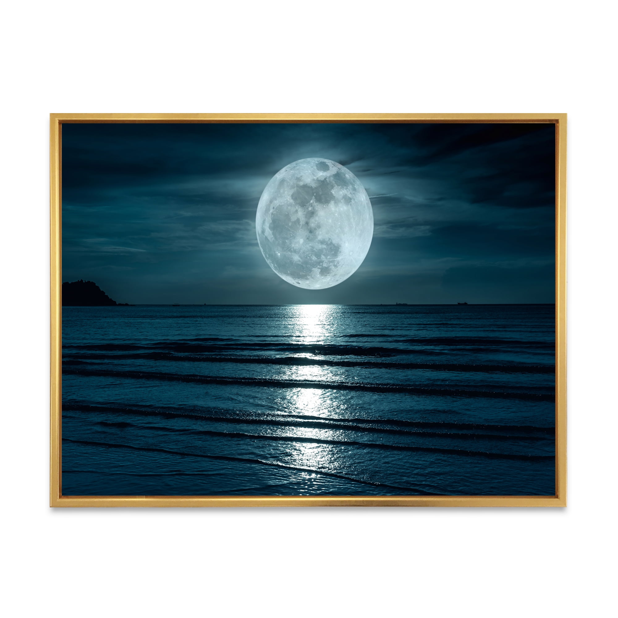 Designart 'Super Full Moon Over The Sea I' Modern Framed Canvas Wall Art Print