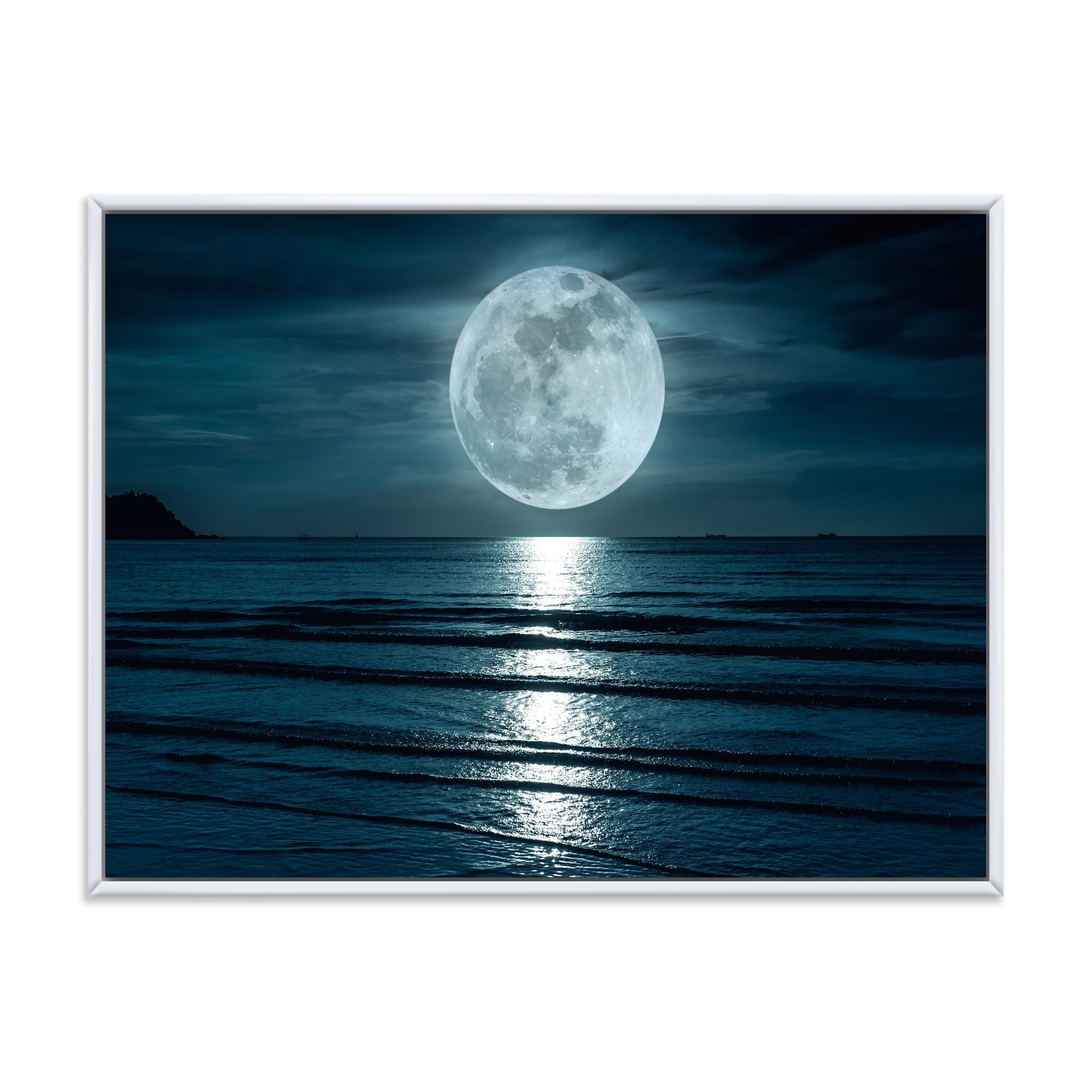 Designart 'Super Full Moon Over The Sea I' Modern Framed Canvas Wall Art Print