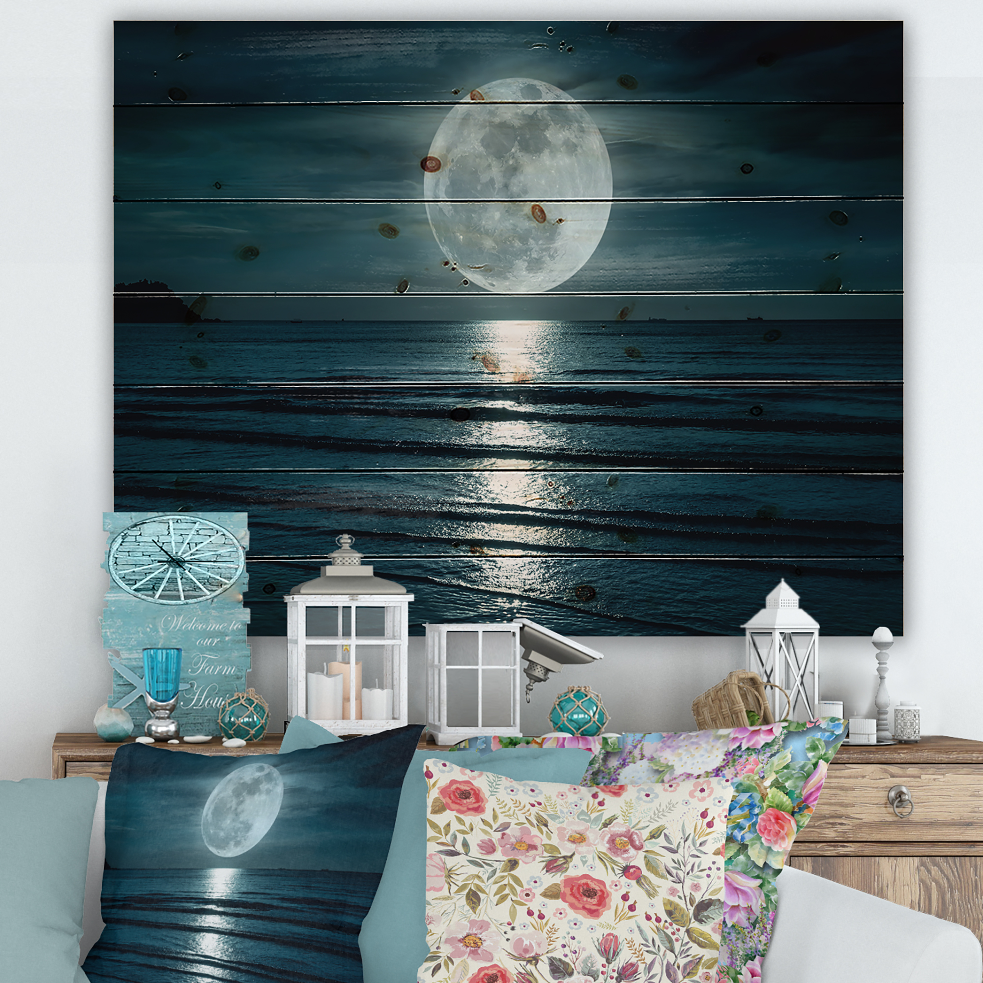 Designart 'Super Full Moon Over The Sea I' Modern Print on Natural Pine Wood