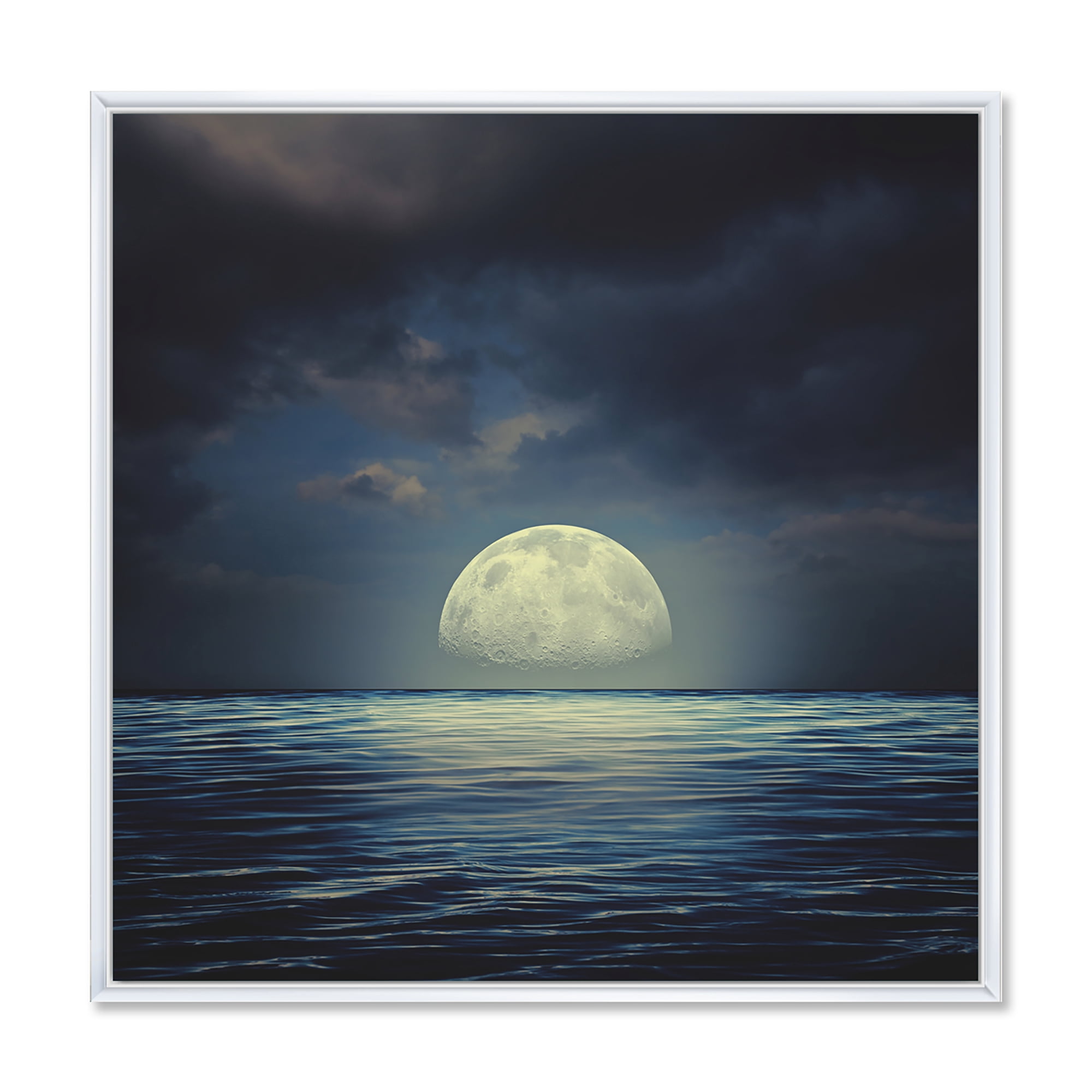 Designart 'Super Moon Over The Blue Sea' Nautical & Coastal Framed Canvas Wall Art Print
