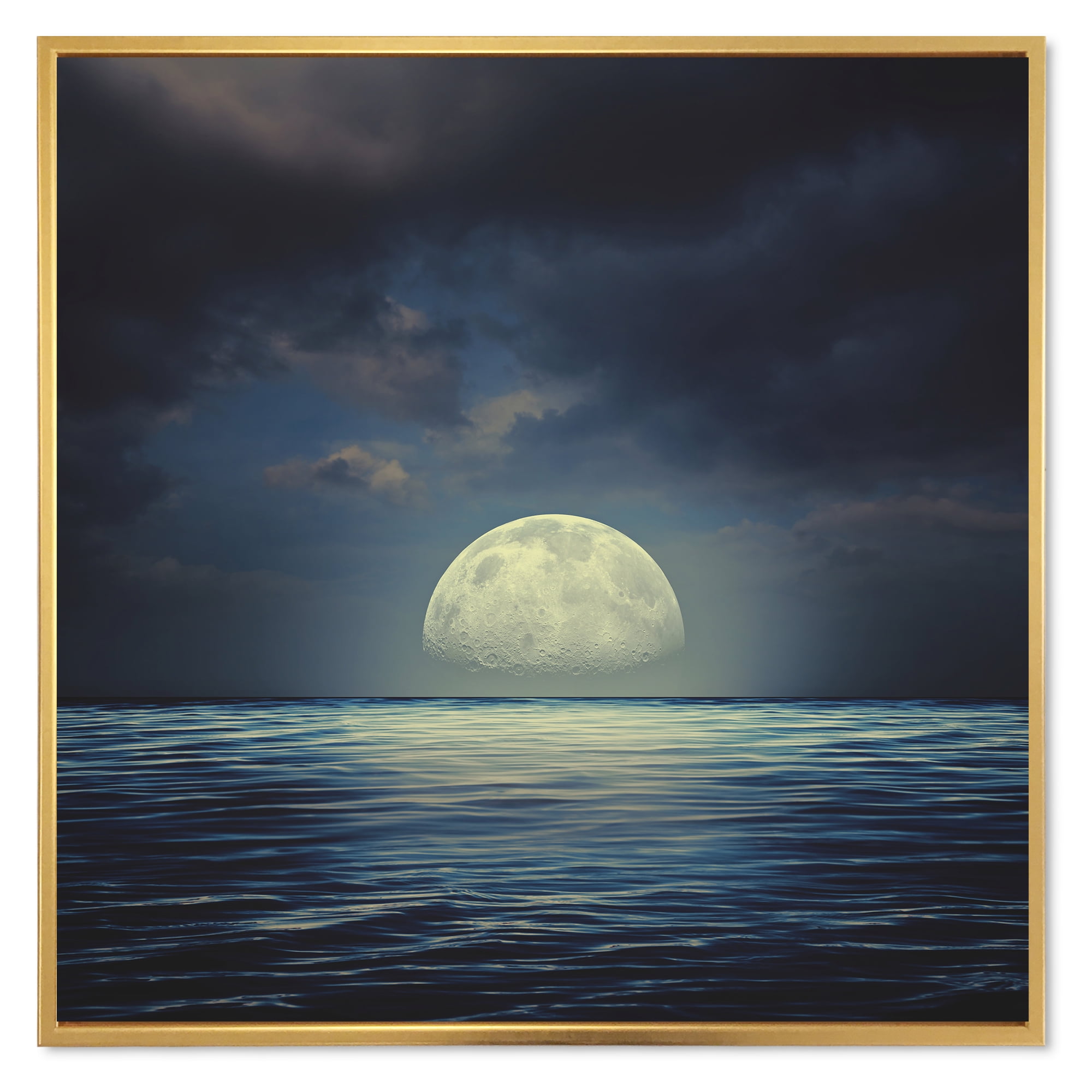 Designart 'Super Moon Over The Blue Sea' Nautical & Coastal Framed Canvas Wall Art Print