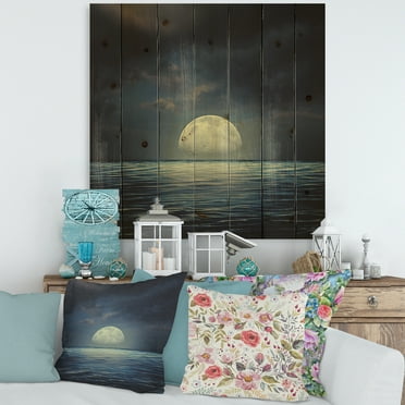 Designart 'Super Moon Over The Blue Sea' Nautical & Coastal Print on Natural Pine Wood