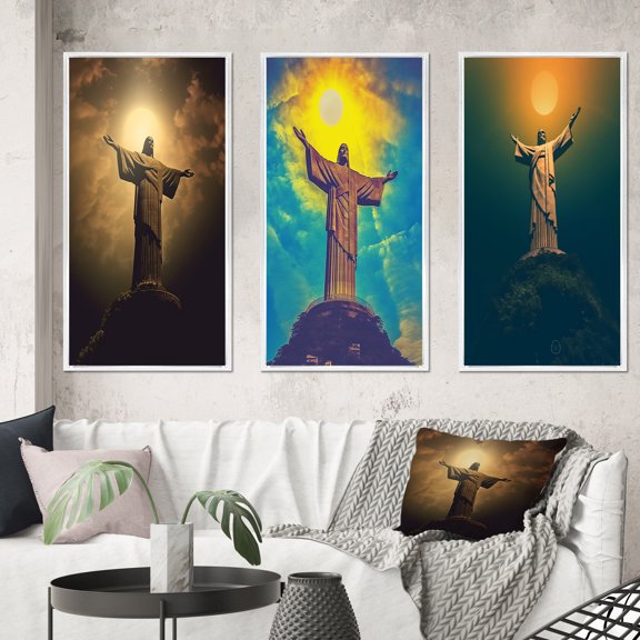 Designart "Supermoon Over Christ the Redeemer Rio's Icon VIII" Christianism Framed Wall Art Set Of 3 - Yellow Traditional Frame Gallery Wall Set For Home Decor