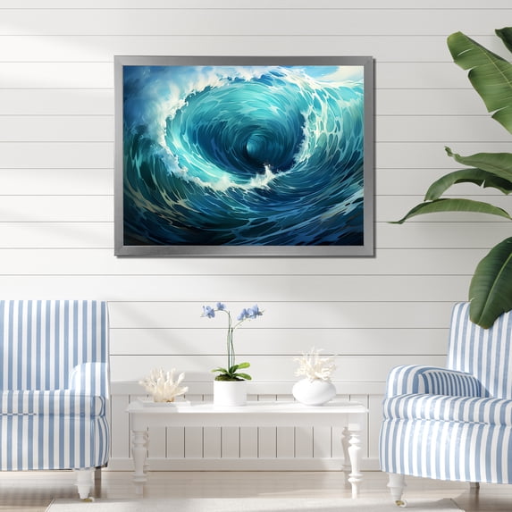 Designart "Surf Waves in a Tropical Storm" Coastal Framed Wall Art Decor - Coastal Blue Coastal Tropical Living Room Framed Canvas Art