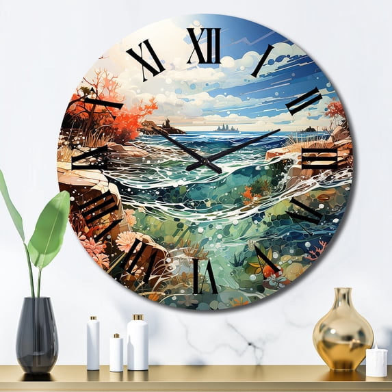Designart "Surf and Turf at the Beach II" Beach Oversized Wall Clock