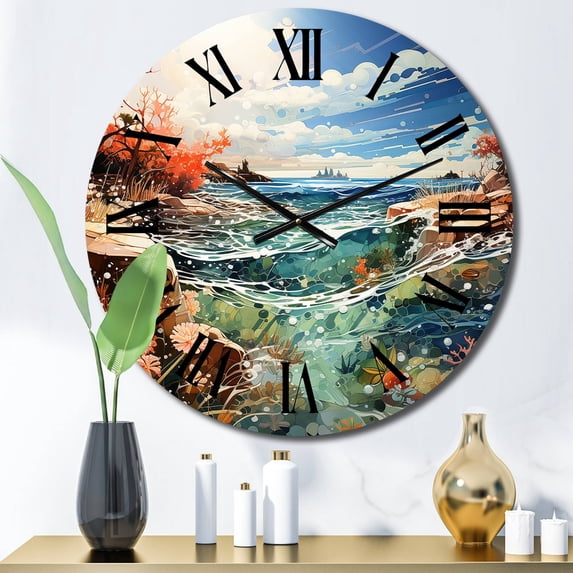 Designart "Surf and Turf at the Beach II" Beach Oversized Wall Clock