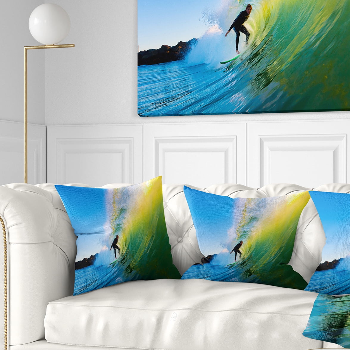Designart Surfer Beating Green Waves - Photography Throw Pillow - 18x18