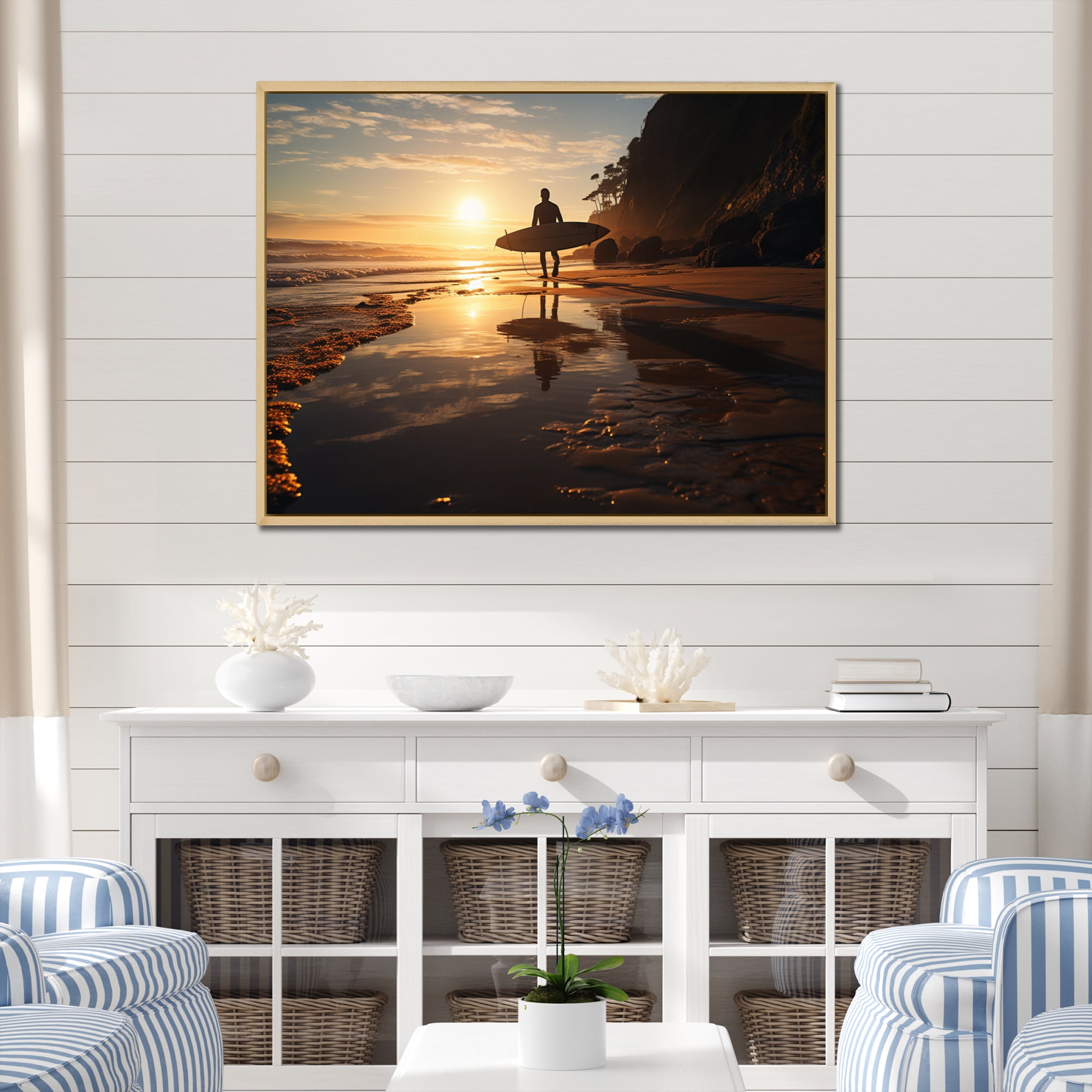 Pompas Beach By Frates - Mirror Framed Print Wall Art - Beige